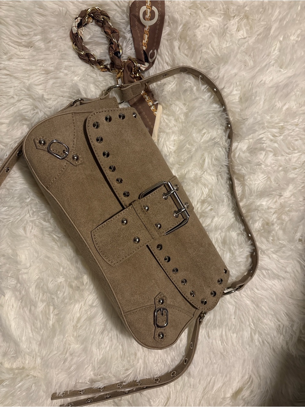 Taupe Suede Studded Shoulder Bag